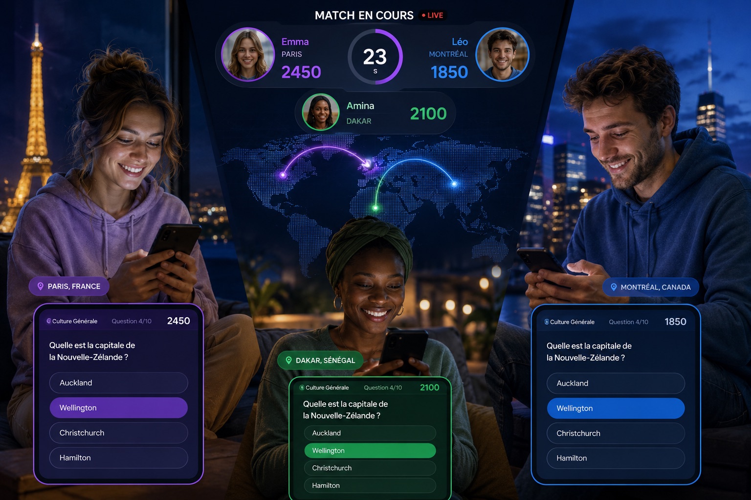 HistoPlay illustré par un match de quiz culturel en direct avec scores, profils de joueurs et questions